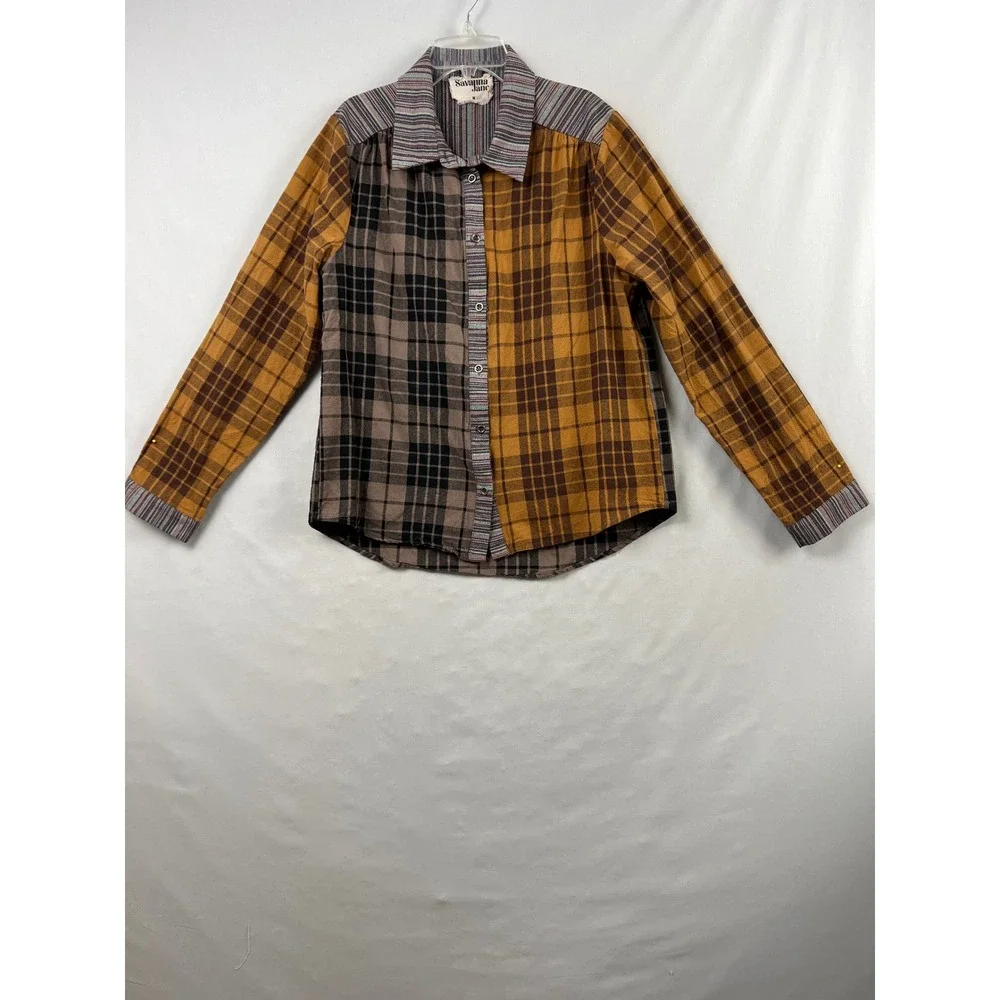 Savanna Jane Button Down Shirt Womens Medium Brown Plaid Patchwork Mixed Media - Picture 1 of 8